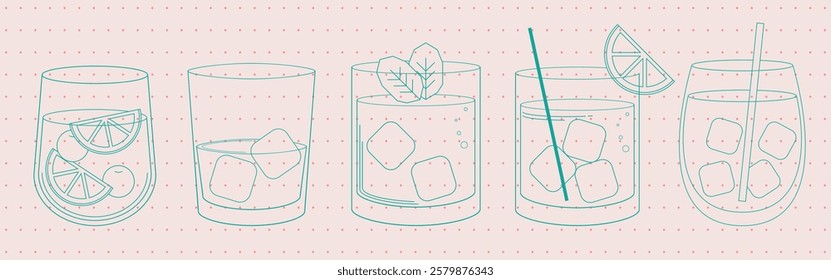 Line art of various cocktail glasses with ice cubes, lemon slices, and mint leaves. Minimalist cocktail design with glasses and drinks in a simple style. Party illustrations, isolated element vectors.