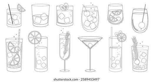 Line art of various cocktails in glasses. Ice cubes, citrus slices, and herbs decorate the drinks. Elegant cocktail designs in minimalist style. Party illustrations, isolated element vector set.