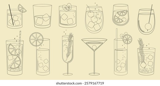 Line art of various cocktails with ice, lemon, and mint. Elegant cocktail illustrations with glasses, ice, and garnishes. Perfect for cocktail-themed designs. Party illustrations, element vector set.