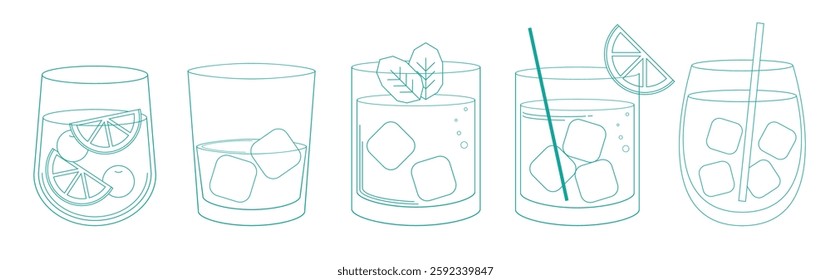 Line art of various cocktails with ice, lime, and mint. Cocktails in glasses, featuring ice cubes, lime slices, and mint leaves. Refreshing cocktail designs. Party illustrations, element vector set.