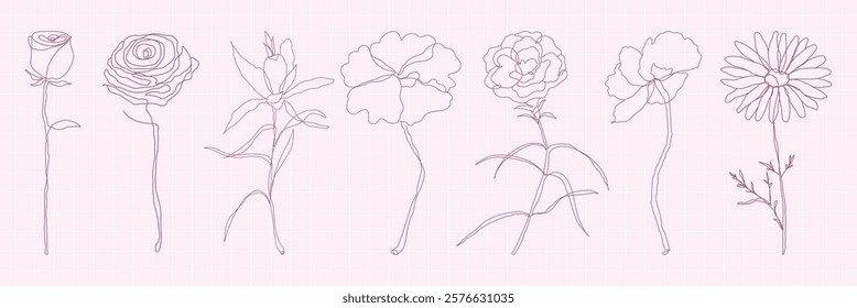 Line art of various flowers on a grid background. Flowers include rose, daisy, and more. Simple flower sketches with delicate lines. Doodle illustrations, vector set.