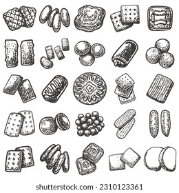 line art of various kinds of snack cakes, bundle set items, free vector
