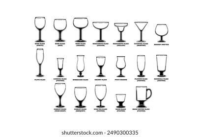 Line art of various types of bar glasses, various types of glassware, various types of goblet, wine, cocktail, margarita, champagne, and irish coffee glass