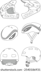 line art of various types of bicycle helmets