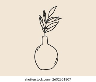 Line art vase pot with flower isolated. Whimsical coquette ceramic floral pottery jar hand drawn simple sketch. Vector outline illustration