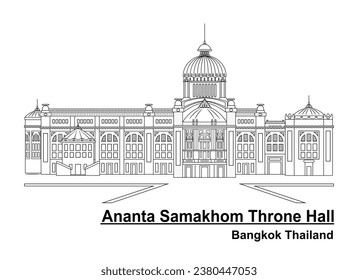 Line art vector of Ananta Samakhom Throne Hall famous marble building Bangkok Thailand drawing in black and white