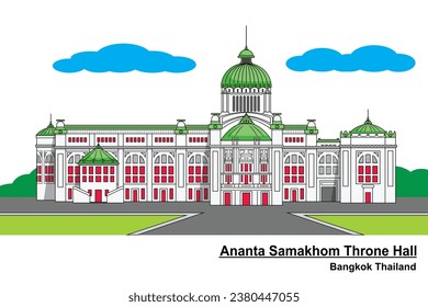 Line art vector of Ananta Samakhom Throne Hall famous marble building Bangkok Thailand drawing in colorful vector