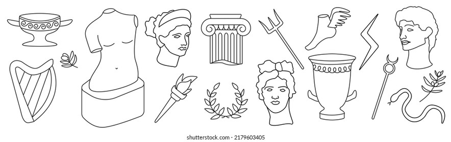 Line Art Vector  Ancient Sculpture Greece Set (antique Statues, Branch, Harp, Snake, Trident Of Poseidon, Scepter Of Hermes, Wings, Olives, Laurels, Vases, Lightning Of Zeus, Torch, Column).  