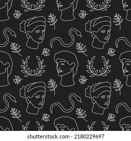 Line art Vector  ancient sculpture seamless pattern (antique statues, branch, snake,  olives).  Greece black and white illustration