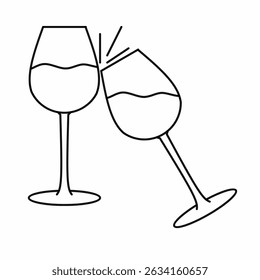 Line art vector ang thin of clinking champagne glasses, minimalist with liquid details, perfect for icon,logo,symbol,illustration celebration, party decor, greeting cards. 
