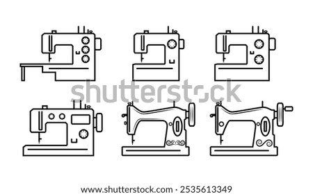 Line art vector of antique and modern Sewing machine symbol logo or icon or stamp drawing in black and white