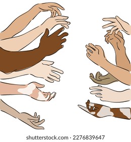 LINE ART VECTOR OF ARMS OF DIFFERENT PEOPLE FROM DIFFERENT ETHNICITIES AROUND THE WORLD. Coexistence concept art.