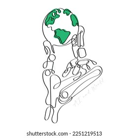 Line art vector of Artificial Intelligence and world. Nature and  automatons concept. Isolated vector with transparent background.