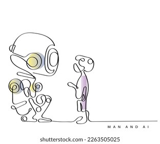 Line art vector of Artificial intelligence bot and a man together. Concept art of artificial intelligence.