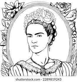 Line art vector of artist Frida Kahlo with floral border