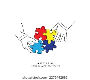 Line art vector of Autism Learning. Autism awareness concept art. Accept autism and understand the challenges associated with it. Help people build a kinder world for every unique individual.