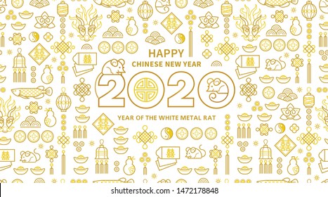 Banner vector de arte de línea con el diseño de texto del logo de Feliz Año Nuevo 2020 al estilo chino. Patrón de elementos chinos, signo de Rat zodiac, símbolo de 2020 en el calendario chino para el diseño de Año Nuevo.