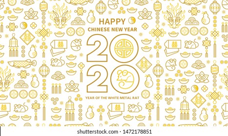 Line art vector banner with Happy New Year 2020 logo text design in Chinese style. Pattern of Chinese elements, Rat zodiac sign, symbol of 2020 on the Chinese calendar for New Year's design.