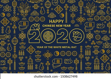 Line art vector banner with Happy New Year 2020 logo text design in Chinese style. Pattern of Chinese elements, Rat zodiac sign, symbol of 2020 on the Chinese calendar for New Year's design.