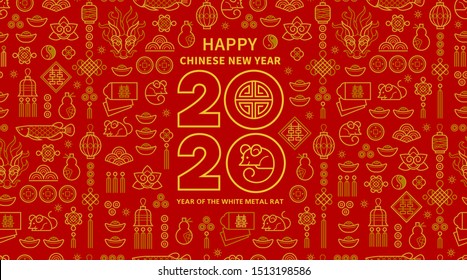 Banner de vetor de arte de linha com design de texto de logotipo Feliz Ano Novo 2020 em estilo chinês. Padrão vermelho de elementos chineses, signo do zodíaco de rato, símbolo de 2020 no calendário chinês para o design de Ano Novo.