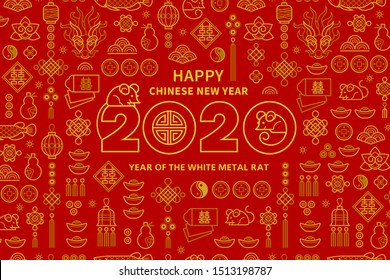 Banner vector de arte de línea con el diseño de texto del logo de Feliz Año Nuevo 2020 al estilo chino. Patrón rojo de elementos chinos, signo Rat zodiac, símbolo de 2020 en el calendario chino para el diseño de Año Nuevo.