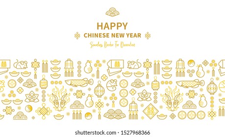 Line art vector banner with Happy New Year 2020 logo text design in Chinese style. Pattern of Chinese elements, Rat zodiac sign, symbol of 2020 on the Chinese calendar for New Year's design.