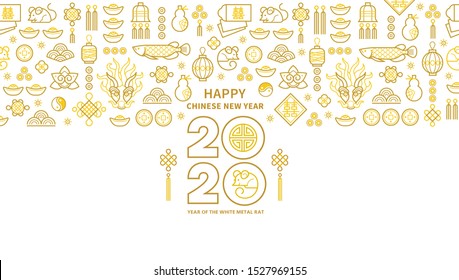 Line art vector banner with Happy New Year 2020 logo text design in Chinese style. Pattern of Chinese elements, Rat zodiac sign, symbol of 2020 on the Chinese calendar for New Year's design. Line art vector banner with Happy New Year 2020 logo text design in Chinese style. Pattern of Chinese elements, Rat zodiac sign, symbol of 2020 on the Chinese calendar for New Year's design.