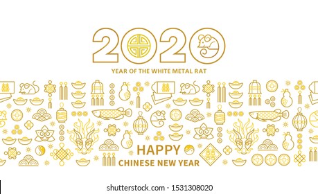 Line art vector banner with Happy New Year 2020 logo text design in Chinese style. Pattern of Chinese elements, Rat zodiac sign, symbol of 2020 on the Chinese calendar for New Year's design.