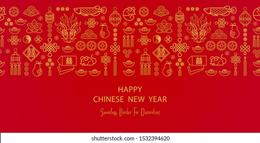 Line art vector banner with Happy New Year 2020 logo text design in Chinese style. Pattern of Chinese elements, Rat zodiac sign, symbol of 2020 on the Chinese calendar for New Year's design.