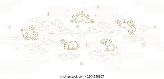 Line art vector banner, poster, premade card template. Chinese illustration of the Rabbit Zodiac sign. Symbol of 2023 in the Chinese Lunar calendar. Black Water Rabbit, Chine Calendar.