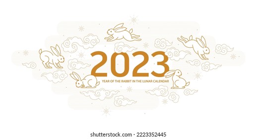 Line art vector banner, poster, premade card template. Chinese illustration of the Rabbit Zodiac sign. Symbol of 2023 in the Chinese Lunar calendar, isolated. Rabbits, Chine Lunar Calendar.