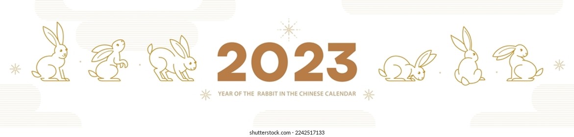 Line art vector banner, poster, premade card template. Chinese illustration of the Rabbit Zodiac sign. Symbol of 2023 in the Chinese Lunar calendar, isolated. Black Water Rabbit, Chine Calendar.