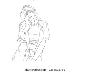 vector de arte de línea hermoso carácter de mujer joven