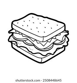 Line art vector of a big club sandwich with ham, cheese, and veggies on a dark background.