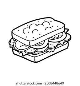 Line Art Vektor eines großen Club Sandwich mit Schinken, Käse und Gemüse auf dunklem Hintergrund.