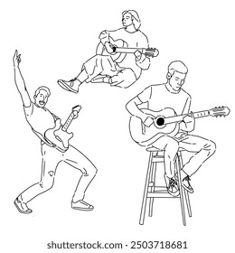Arte de línea Vector chico tocando la guitarra 