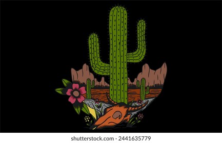 line art vector bull head with cactus