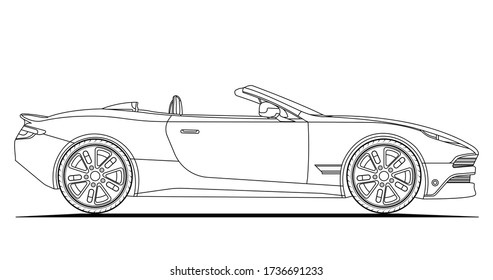 Line art vector cabriolet car, concept design. Vehicle black contour outline sketch illustration isolated on white background. Stroke without fill. Cower drawing. Black-white icon.