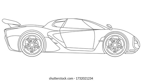 Line art vector car, concept design. Vehicle black contour outline sketch illustration isolated on white background. Stroke without fill. Cower drawing. Black-white icon.