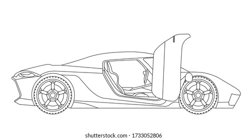 Line art vector car, concept design. Vehicle black contour outline sketch illustration isolated on white background. Stroke without fill. Cower drawing. Black-white icon.