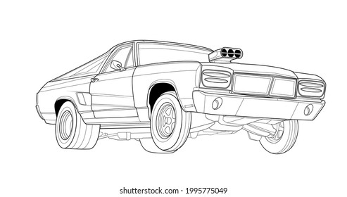 Line art vector car, concept design. Vehicle black contour outline sketch illustration isolated on white background. Stroke without fill. Cower drawing. Black-white icon.