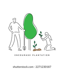 Line art vector of care for planet earth. Love for mother earth. Support and encourage plantation, forestation and reforestation. Combat Climate change and go green.