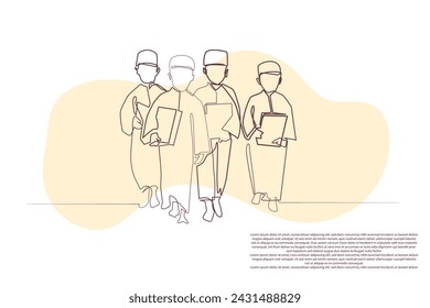 line art vector of children reciting the Koran. single line vector of children carrying the al-Quran. children reciting the Islamic religion in line drawing