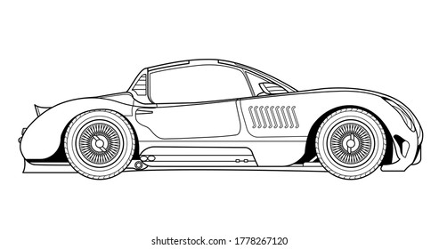 Line art vector classic car illustration. Concept design outline icon. Cower drawing. Black-white icon. Graphic element. Wheel. Black contour sketch illustration Isolated on white background.