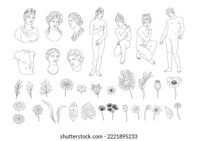Line art vector collection with Greek sculptures, statuary, plants and flowers. Aesthetic set 