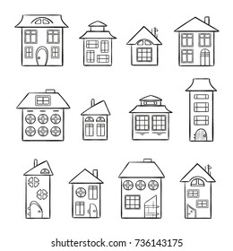 Line art vector for coloring book - houses collection. Sketch style city home set
