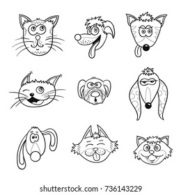 Line art vector for coloring book - cats and dogs collection. Sketch style kitten and puppy set