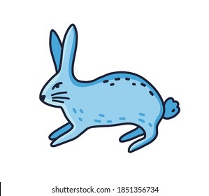 Line art vector contour illustration of blue hare isolated on white background. Cute minimalistic rabbit. Fantasy bunny in simple style. Domestic animal cub
