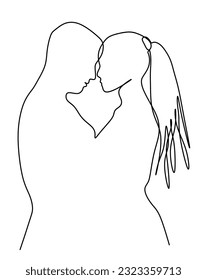 Line art Vector couple. Hand draw One line Kissing man and woman illustration. Silhouette of two peoples. Endless line picture for Valentine Day postcard, Love poster, Relationship. Outline design.