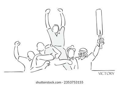 Line art vector of cricket players celebrating their win.